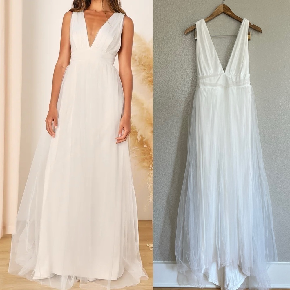 Lulu's White V-Neck Tulle A-Line Wedding Dress